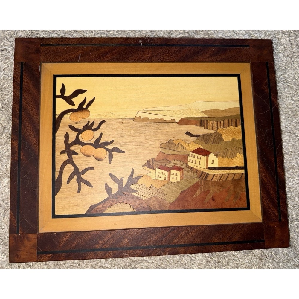 Set Of‎ 2 Vintage Italian Marquetry Inlaid Wood Sorrento Style Coastal Scenes - Picture 5 of 9